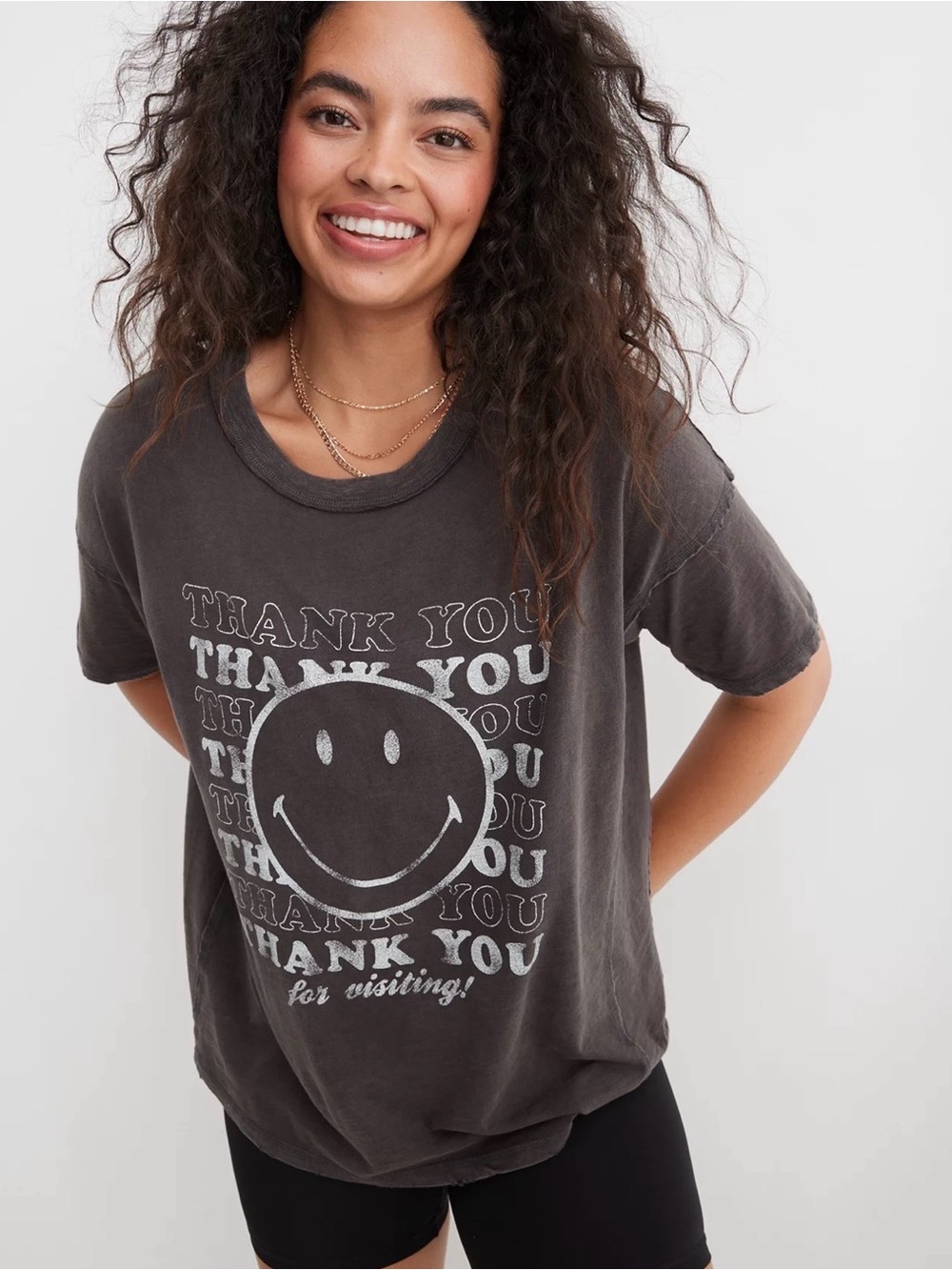 Aerie Oversized Boyfriend T Shirt Thank You Smiley Face Tee Size XL Short Sleeve